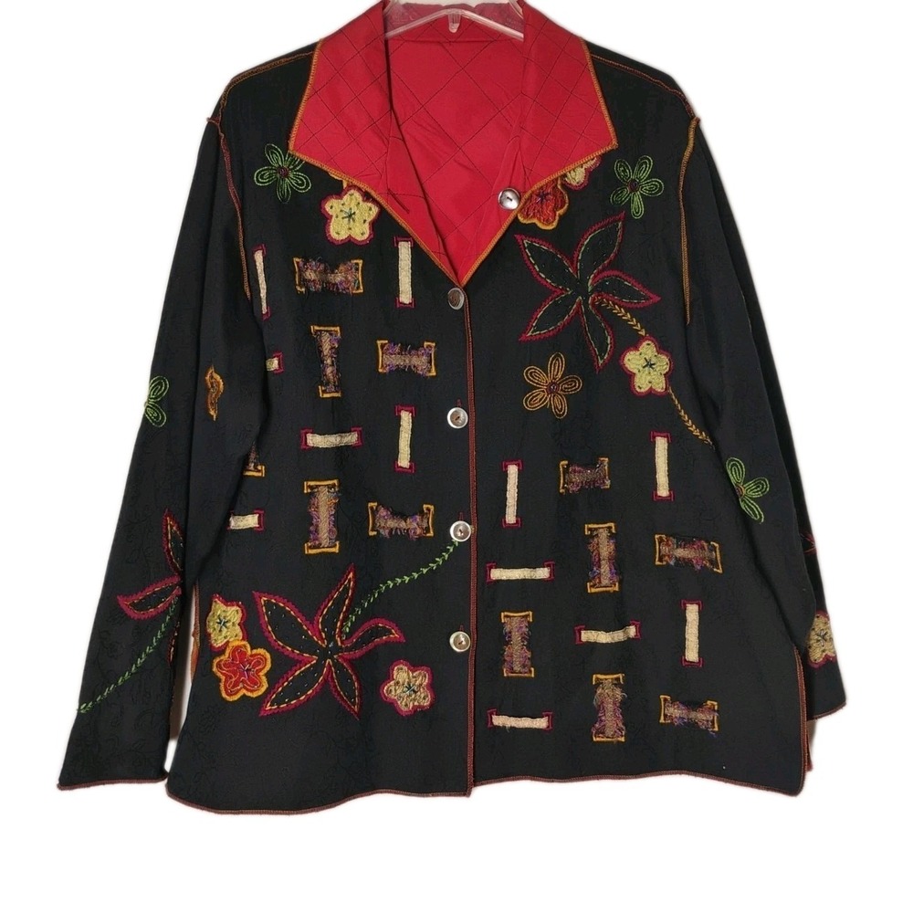Yak Magik Women XL Blazer Jacket Embroidered Silk Patches Reversible Quilted Vtg